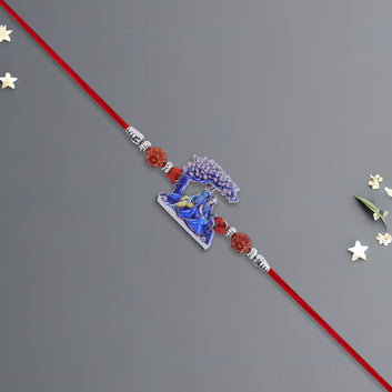 Radha Krishna Rakhi Under Tree Design With Rudraksha  Red Mauli Thread