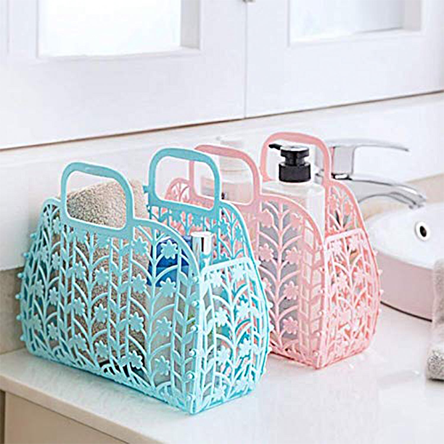 Plastic Foldable Basket Bag  Fruit  Vegetable Storage Basket (3 Pcs Set  Multicolor) Wukusy