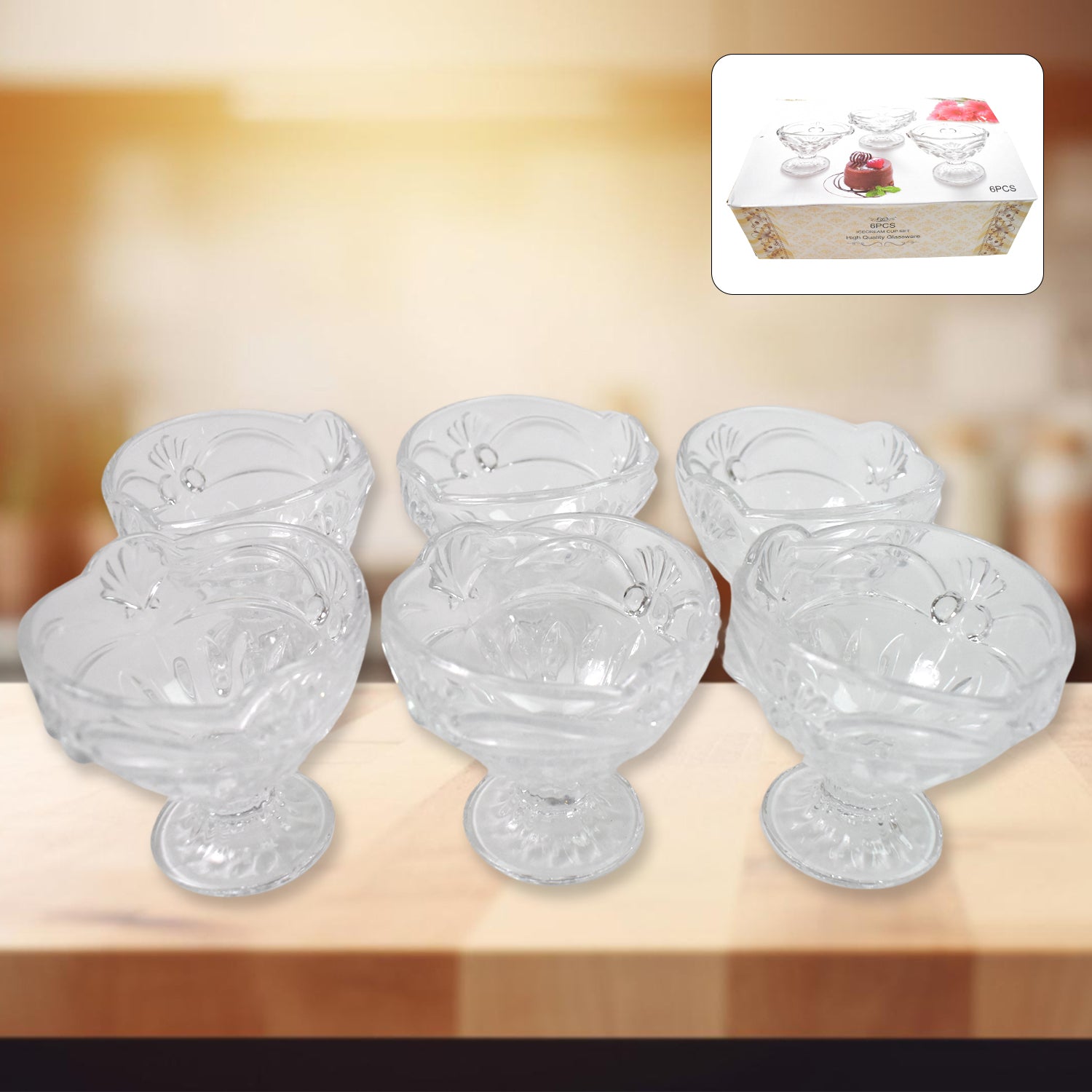 Glass Ice-cream Cup Set Home  Kitchen Serving Or Dessert Cup (6 Pcs Set) Wukusy