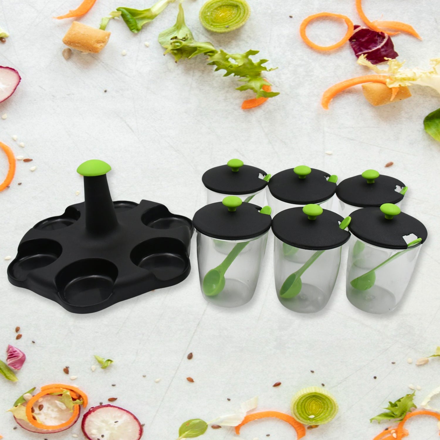 5582 Multipurpose 6 Piece Miracle Revolving Plastic Spice Container Rack With 6 Spoon Condiment Set Masala Rack Set Revolving Spice Rack Aachar Container Chutney Mukhwas Tray Masala Dining Spice Stand Wukusy