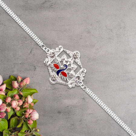 Silver Peacock Rakhi With Diamond Accents Wukusy