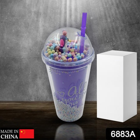 6883a Design Printed Sipper Bottle With Toy Led Glow Light Double Wall Sipper Glass Water Bottle  Sipper Bottle With Straw For Girls And Kids For Boys And Girls Schooltuitiongym (Pack Of 1) Wukusy