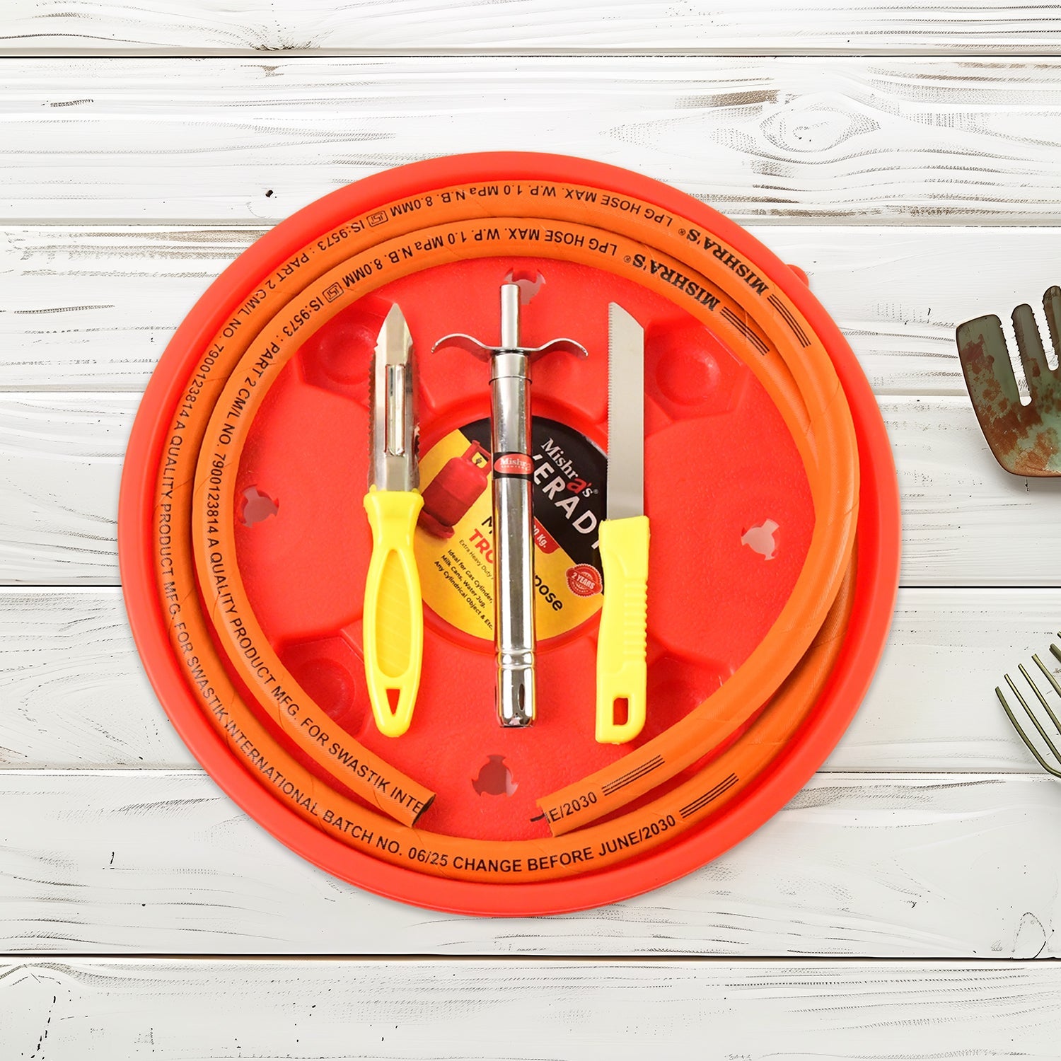 Mishras 5-piece Multipurpose Lpg Kitchen Combo Set With Gas Pipe Cylinder Trolley Knife Lighter  Peeler Wukusy