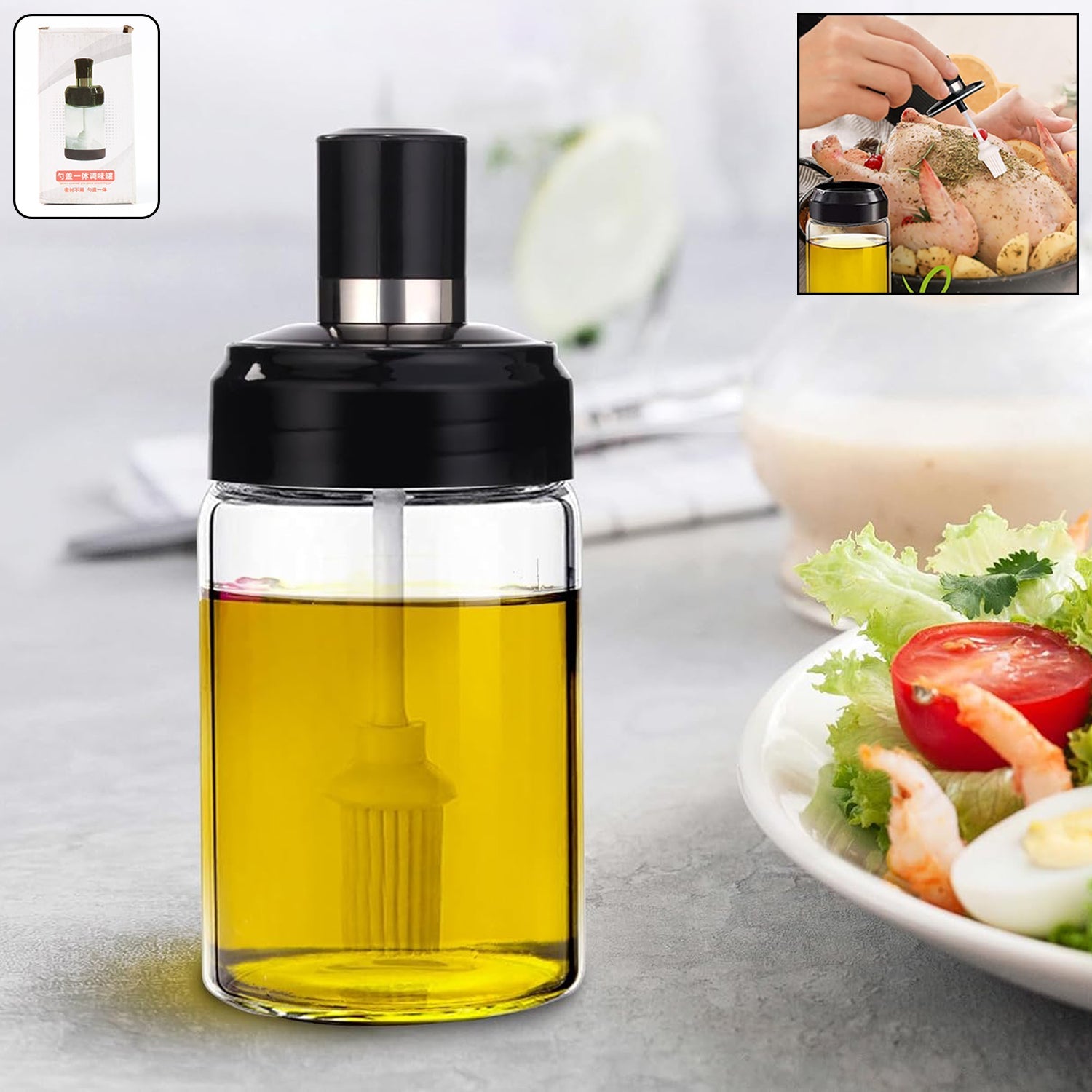 Clear Glass Oil Dispenser Bottle With Integrated Silicone Basting Brush (250ml Approx) Wukusy