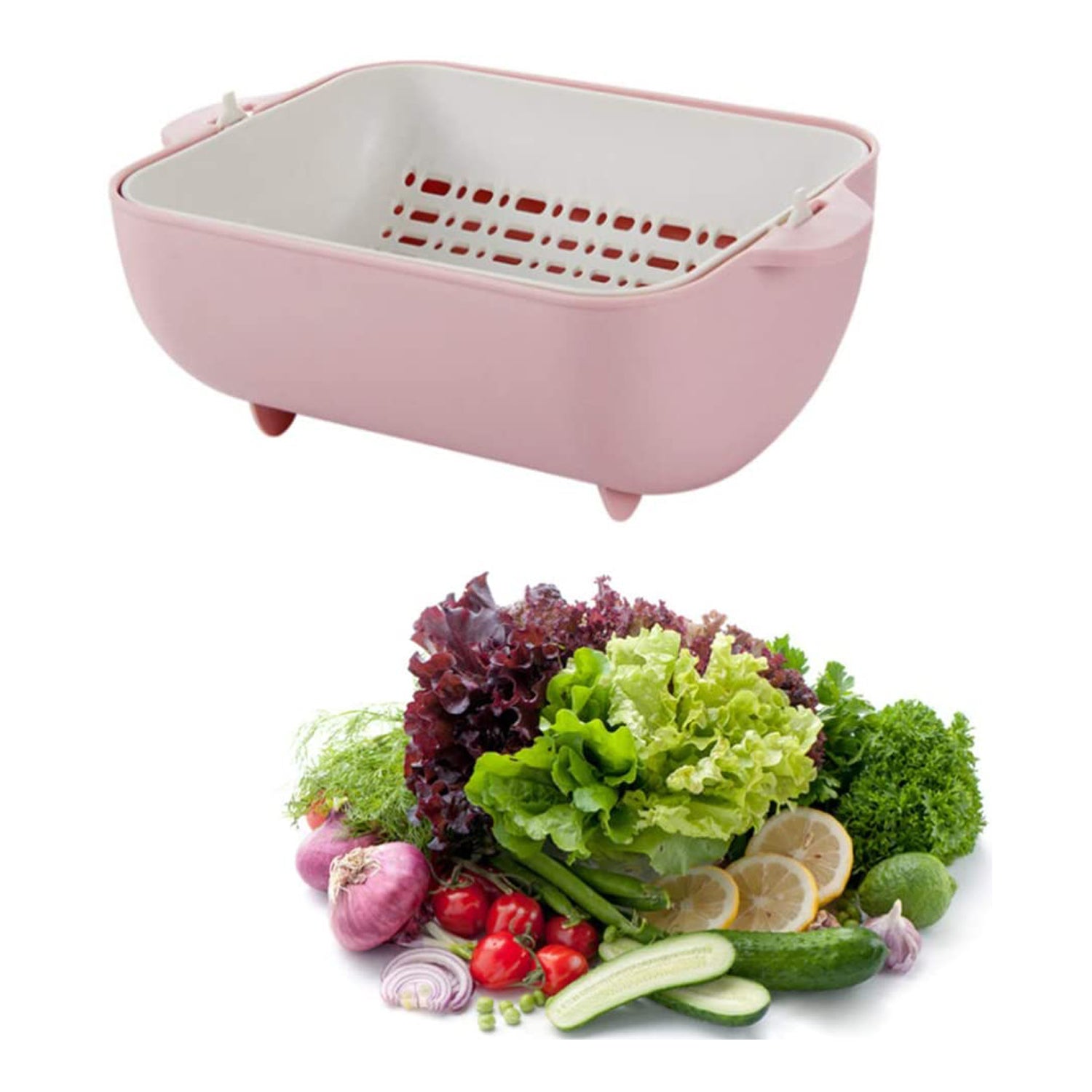 2717 Multifunctional Bpa Free Double Layered Plastic Rotatable Strainer Bowl With Handles For Washing Rinsing Serving Vegetables  Fruits (Multicolor) Wukusy