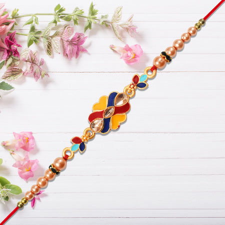 Premium Designer Rakhi With Multicolor Enamel Kundan Stones  Golden Pearls Wukusy