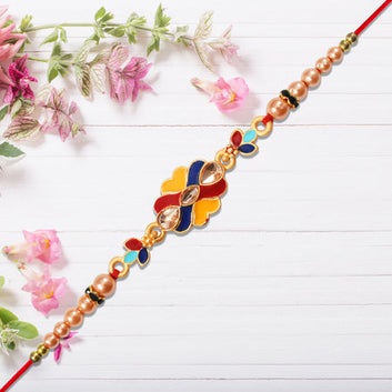 Premium Designer Rakhi With Multicolor Enamel Kundan Stones  Golden Pearls