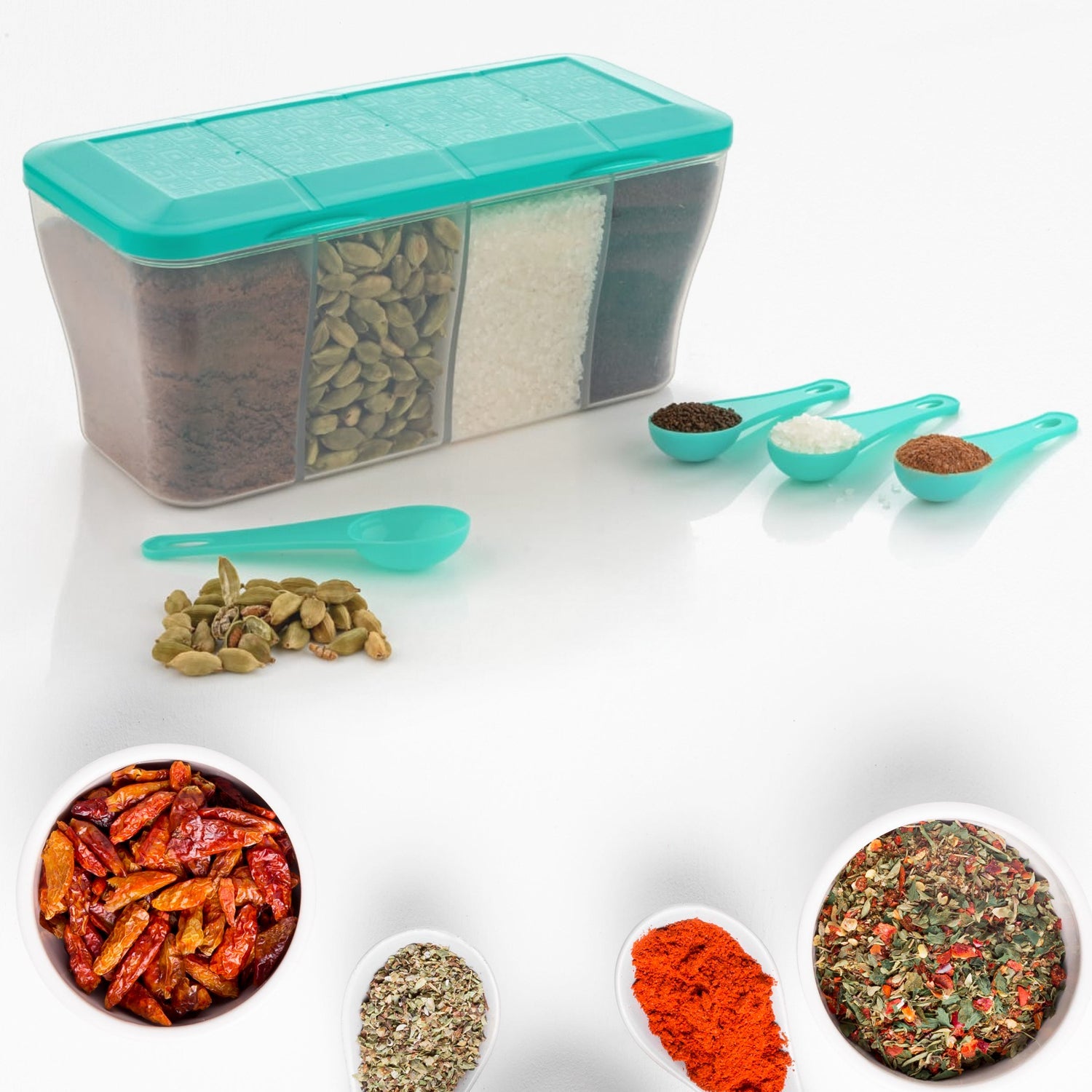 5578 Kitchen Multipurpose Air-tight 4 Sections Storage Containers  Pickle (Achar) Jar With 4 Spoon For Each Section (1 Pc  Mix Color) Wukusy