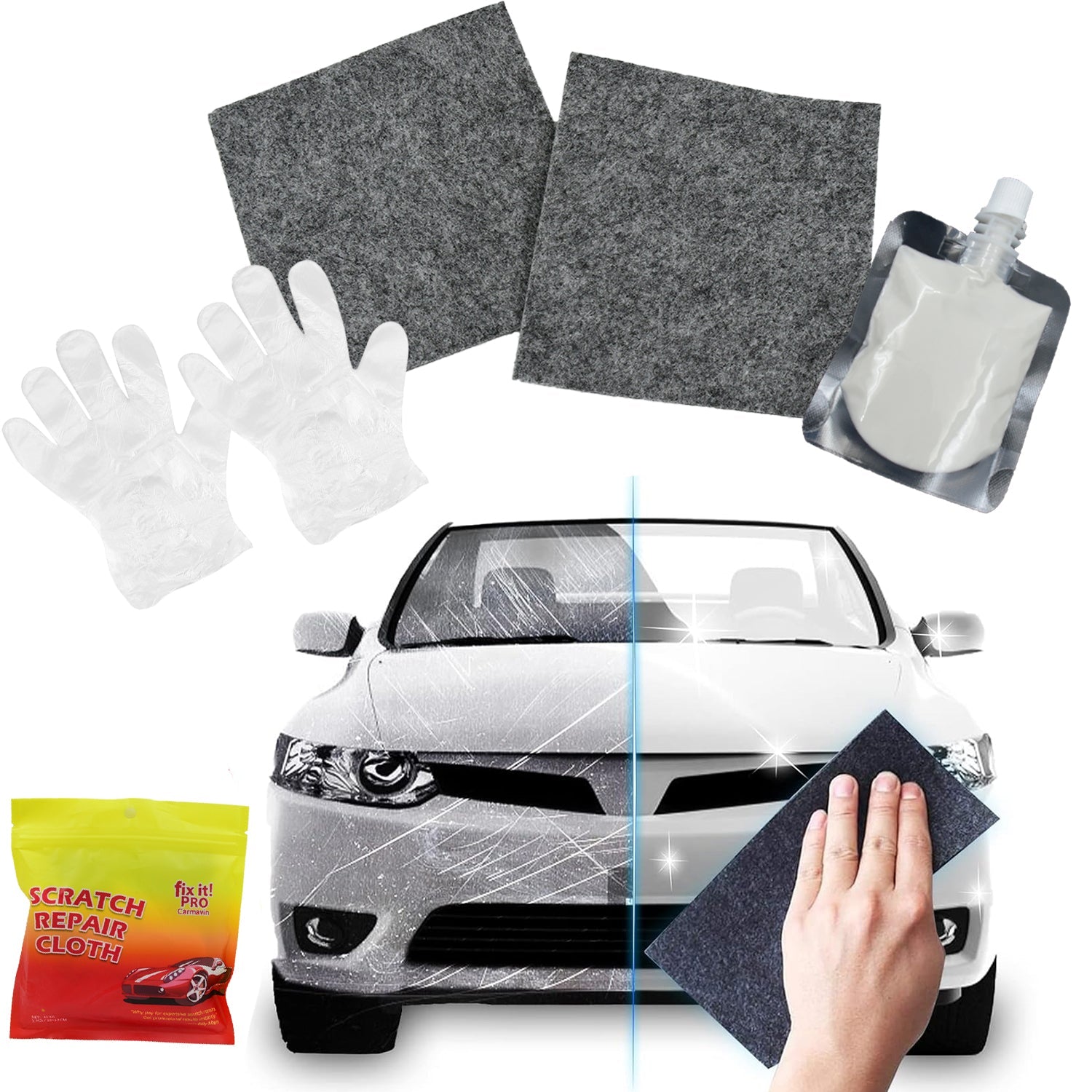 8527 Nano Magic Car Scratch Remover Cloth Multipurpose Scratch Repair Cloth Cloth For Car Paint Scratch Repair Easy To Repair Slight Scratches On The Surface Polishing Repeatable Use For All Kinds Of Car (45 Ml Repair Solution 2 Gloves 2 Nano Cloth) Wukusy