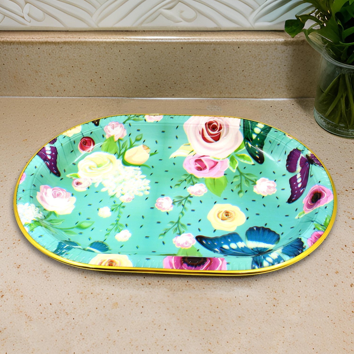 Plastic Flower Printed Design Serving Tray (3 Pcs Set  Mix Color) Wukusy