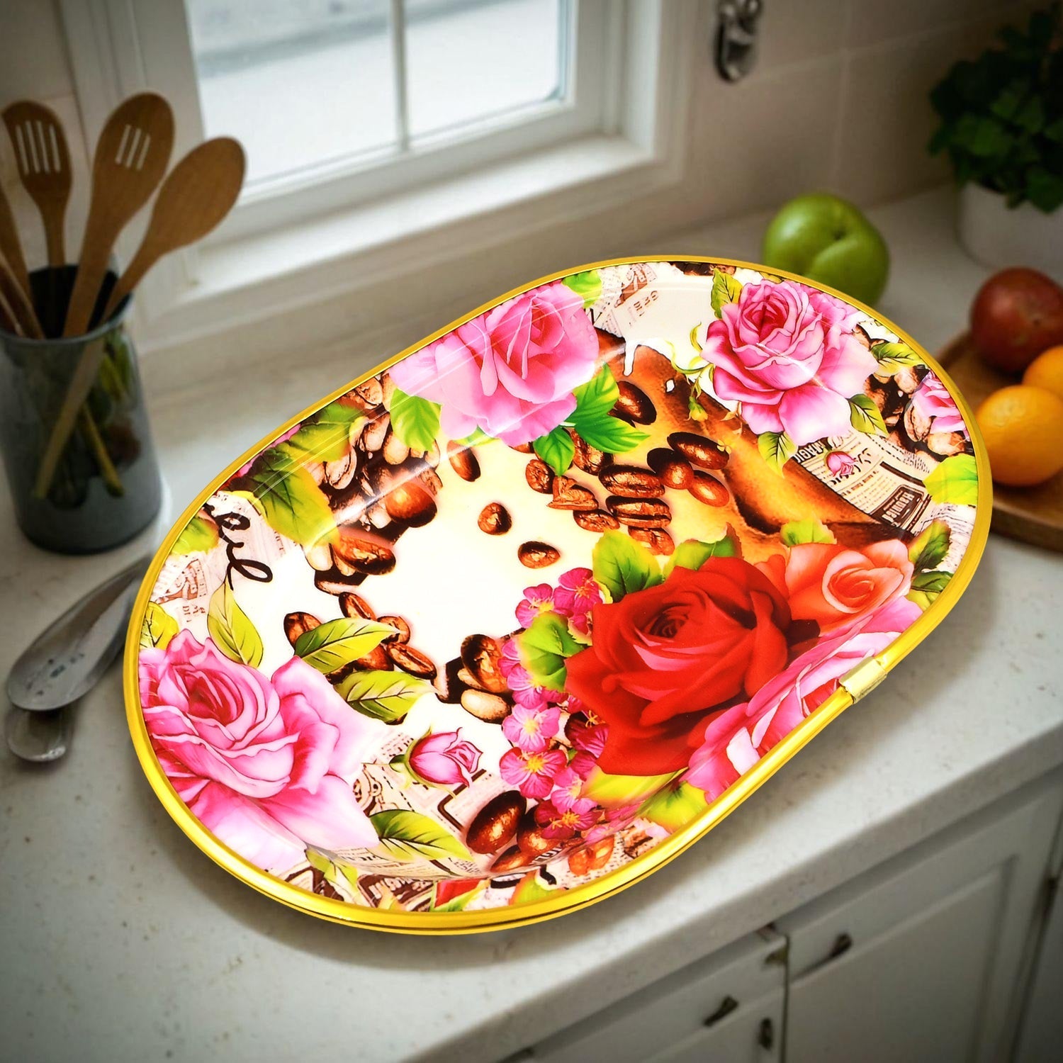 Plastic Flower Printed Design Serving Tray (3 Pcs Set  Mix Color) Wukusy