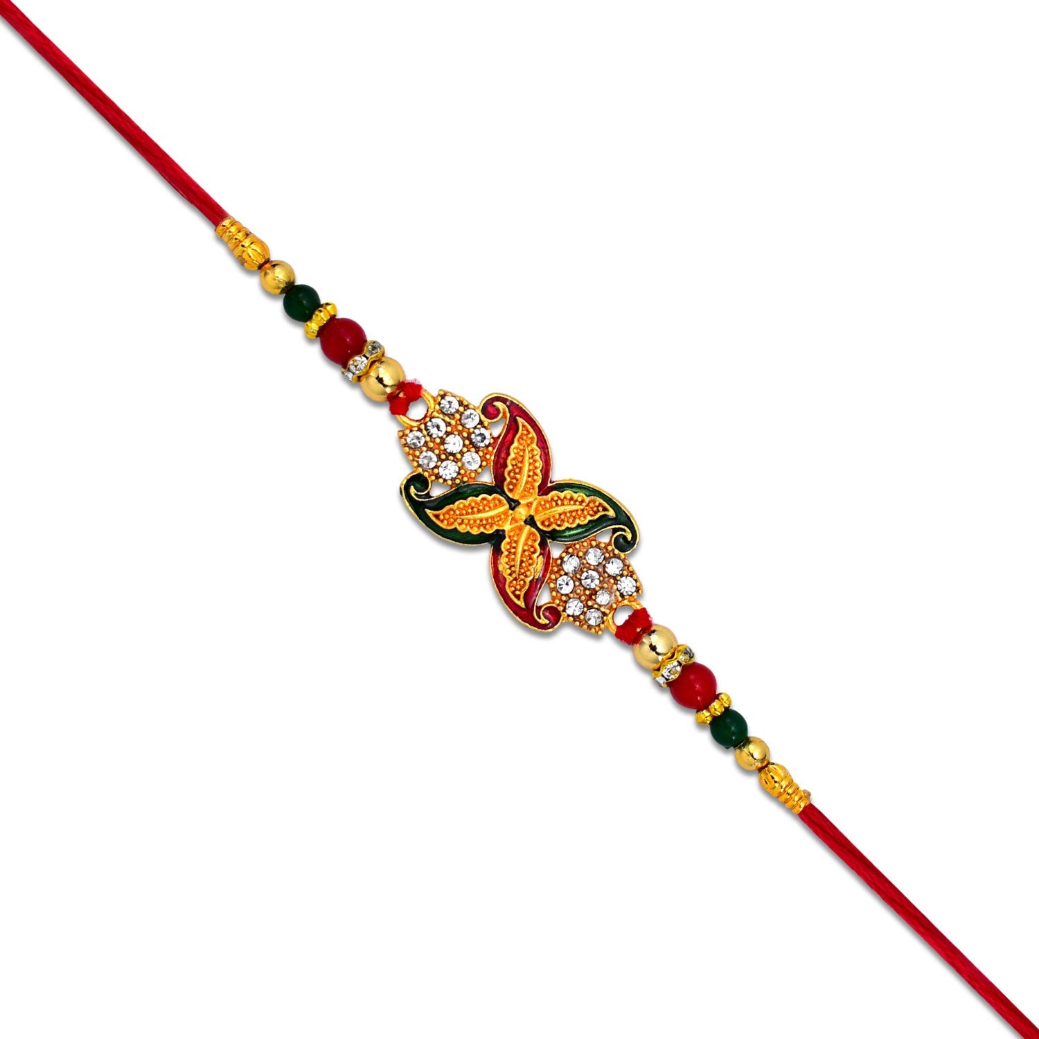 Elegant Red-green Bead Rakhi With Intricate Golden Flower Motif Wukusy