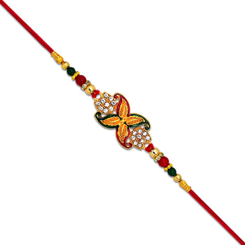 Elegant Red-green Bead Rakhi With Intricate Golden Flower Motif