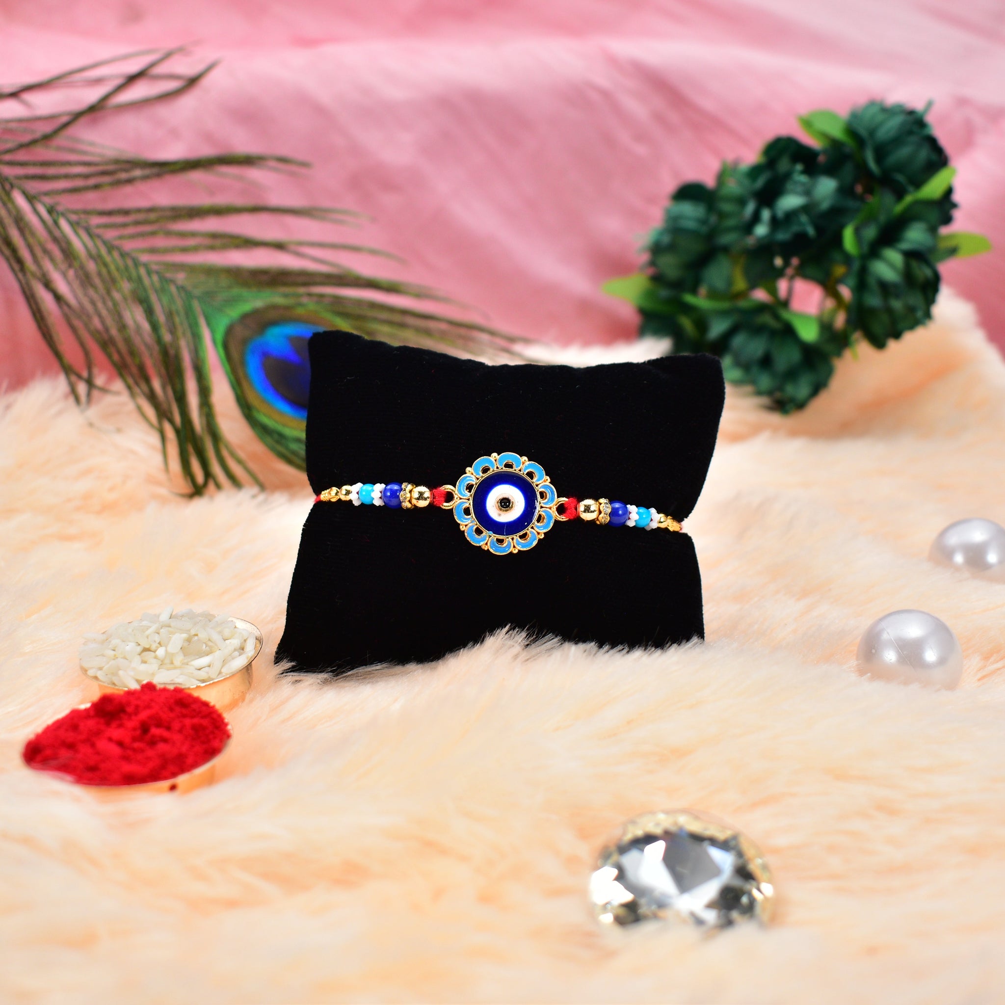 Evil Eye Rakhi With Blue Beads And Golden Accents  Protective Nazar Design Wukusy