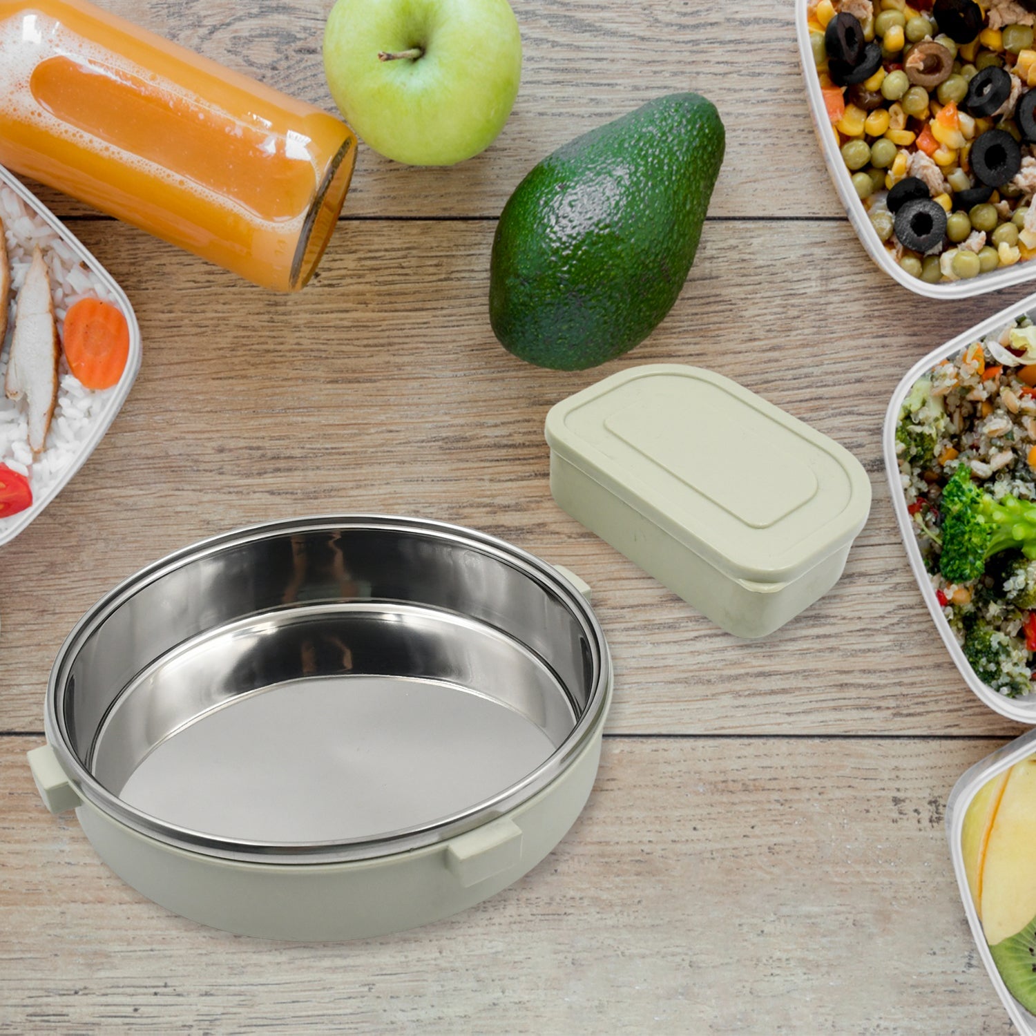 5584 Miracle Stainless Steel Round Lunch Box With Small Plastic Box Insert Leak Proof Lunch Box With Transparent Lid Lunch Box For Kids  Adults For School Office (450 Ml + 250 Ml Approx) Wukusy