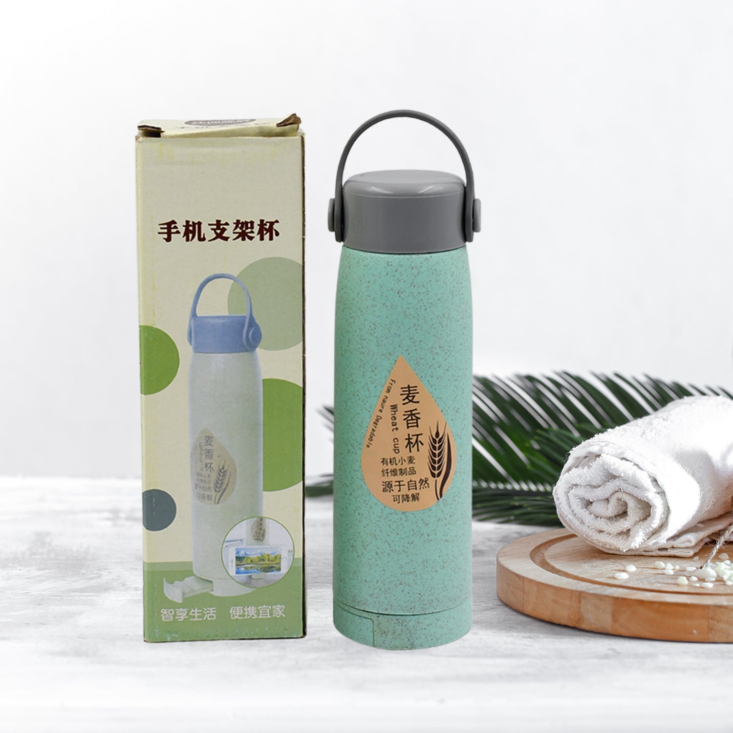 6951 High Portable Water Bottle Creative Wheat Fragrance Glass Bottle Water With Mobile Phone Holder Wide Mouth Glass Water 380ml (Moq - 80 Pc) Wukusy