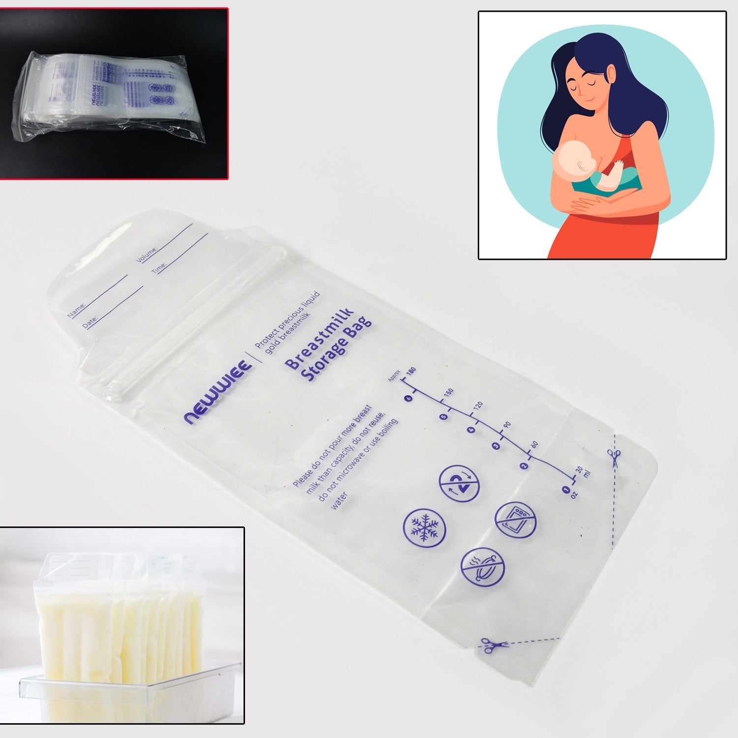 Breastmilk Storage Bags Double Zipper Seal (60 Pcs Set) Wukusy