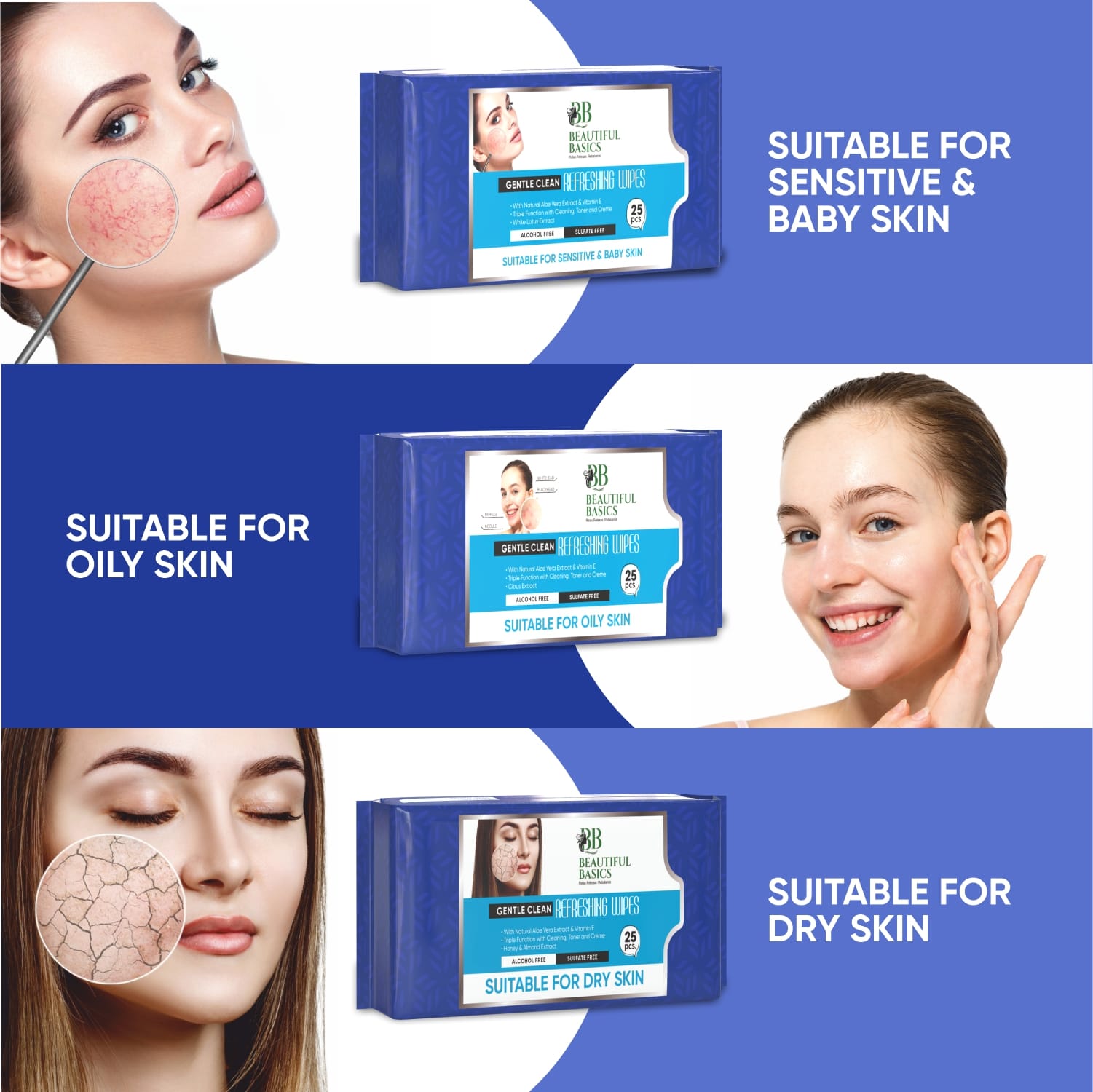 Beautiful Basics Dry Oily Sensitive  Normal Skin Face Wipes (4 Pkts X 100 Pcs Wipes) Wukusy