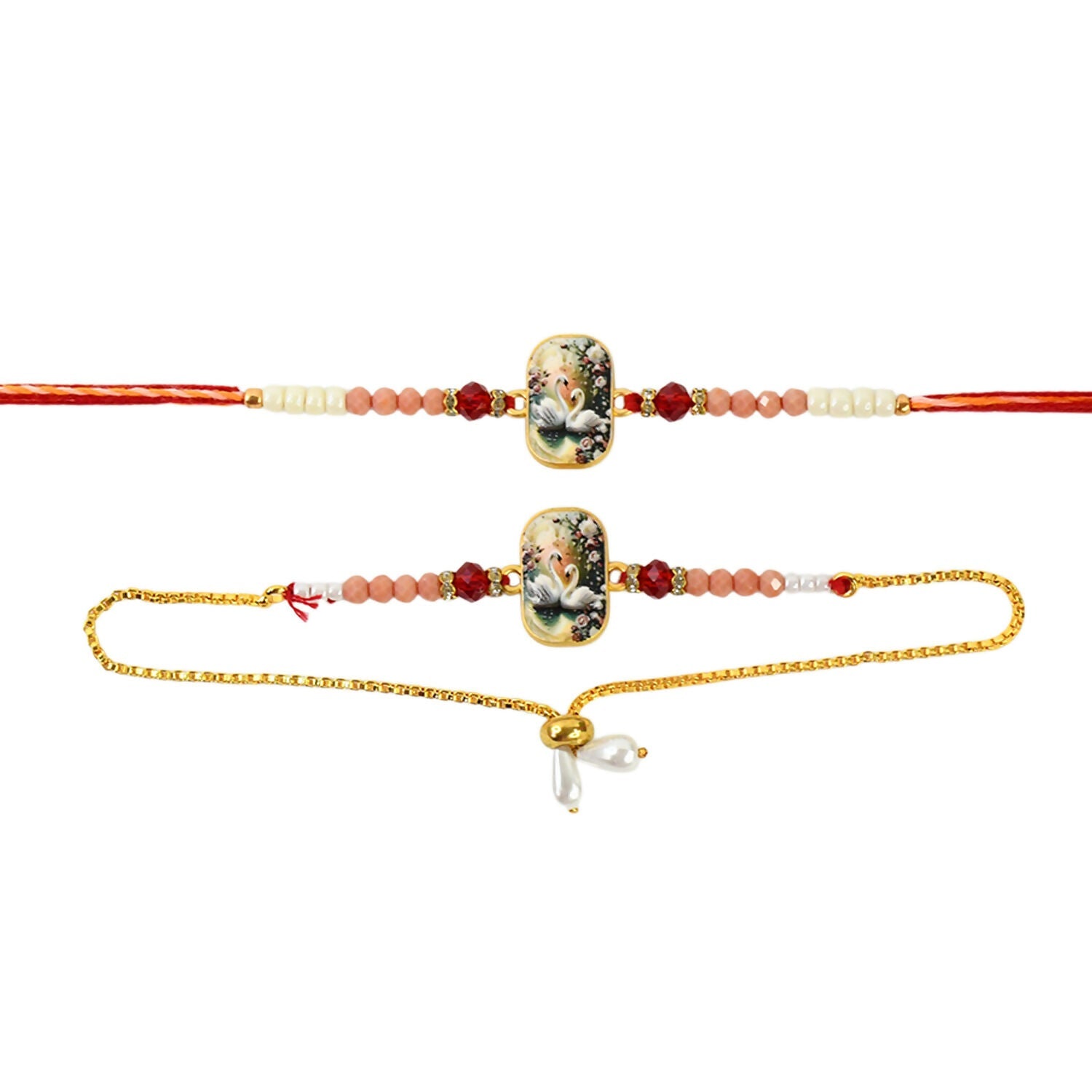 Elegant Swan Design Bhaiya Bhabhi Rakhi Set  Premium Printed Tile Rakhi With Crystal Beads  Adjustable Bracelet Wukusy