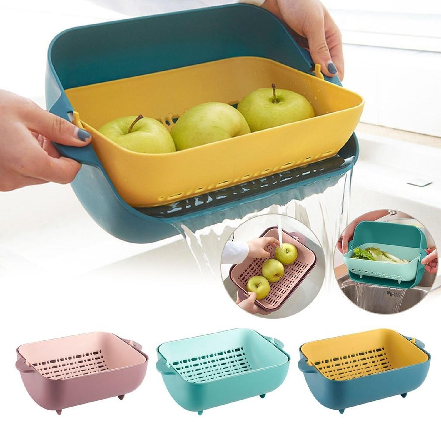 2717 Multifunctional Bpa Free Double Layered Plastic Rotatable Strainer Bowl With Handles For Washing Rinsing Serving Vegetables  Fruits (Multicolor) Wukusy