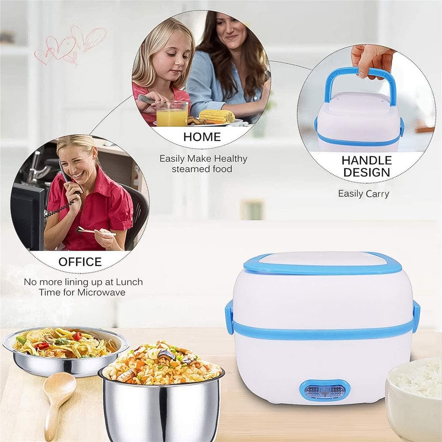 Electric Lunch Box 3 In 1 Food Heater  Cooker  Steamer With Stainless Steel Bowls (1 Set) Wukusy