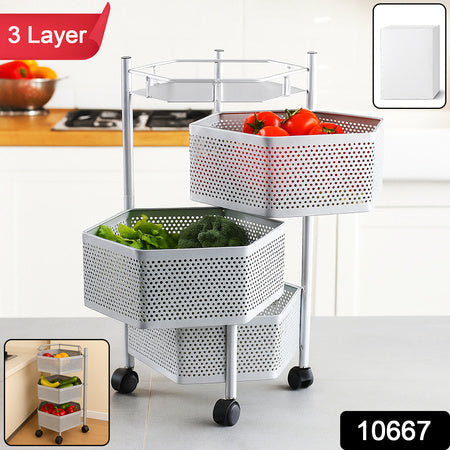 Premium 3-layer Hexagon Kitchen Storage Trolley With Wheels (1 Pc) Wukusy