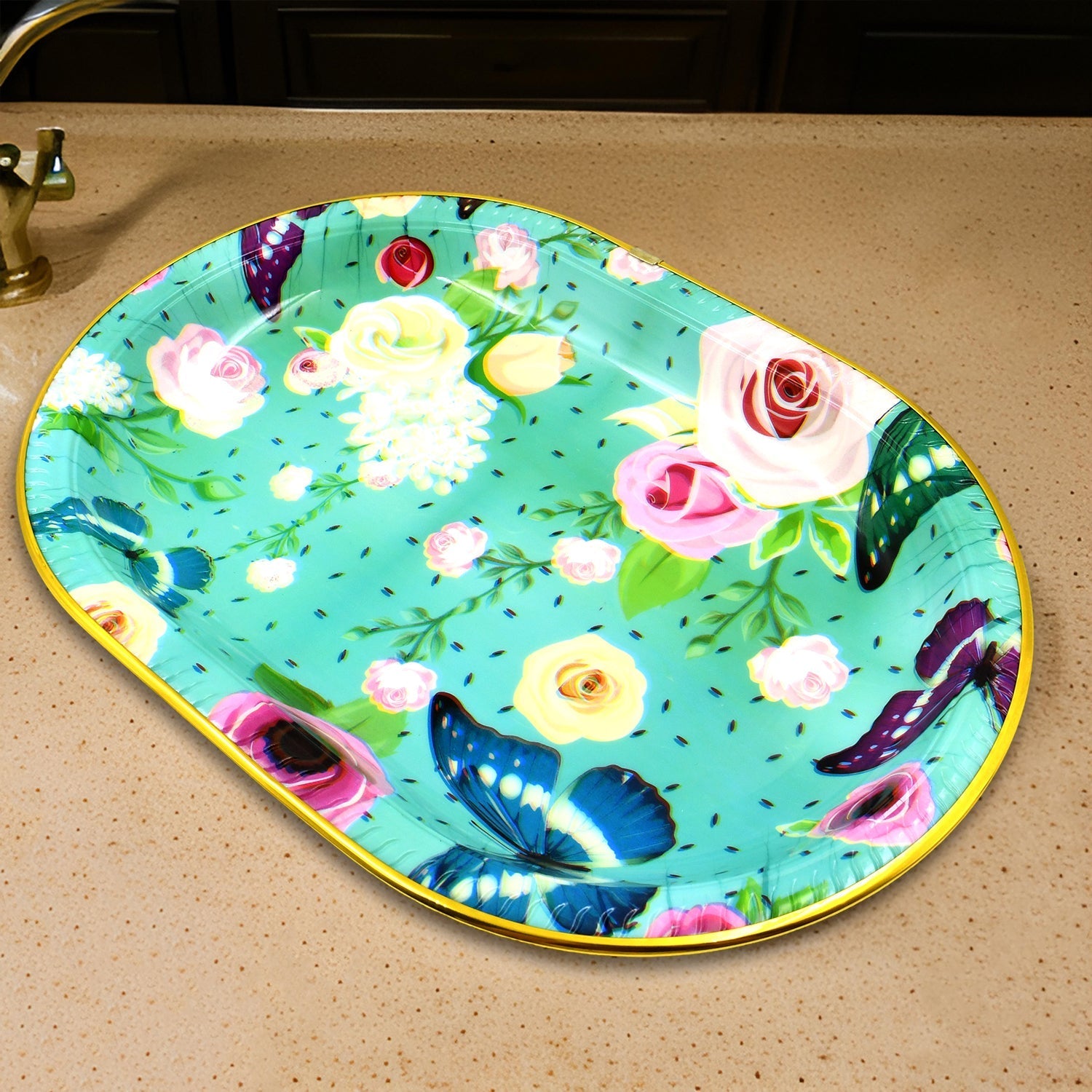 Plastic Flower Printed Design Serving Tray (3 Pcs Set  Mix Color) Wukusy