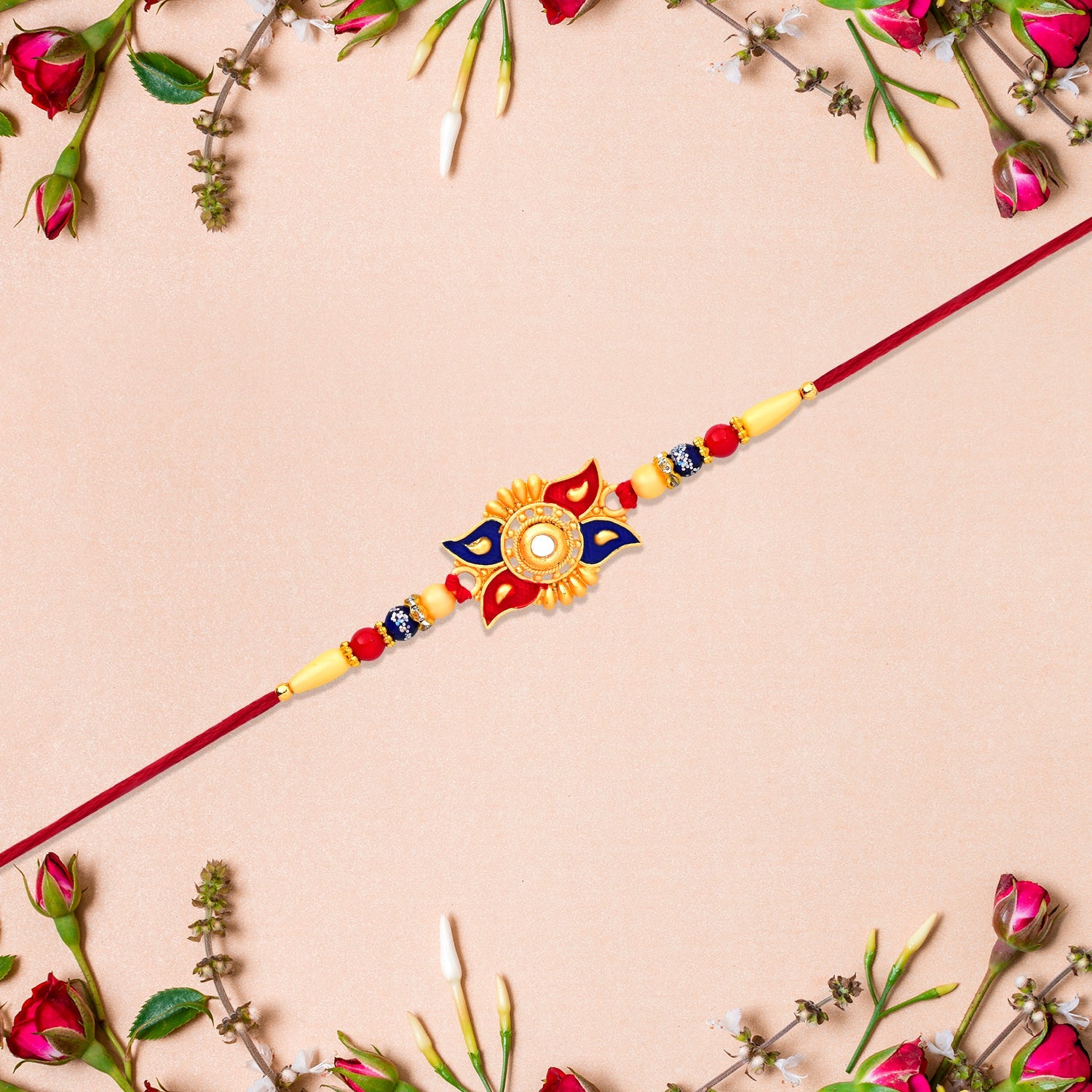 Designer Sun Motif Rakhi With Red And Blue Enamel Work Wukusy