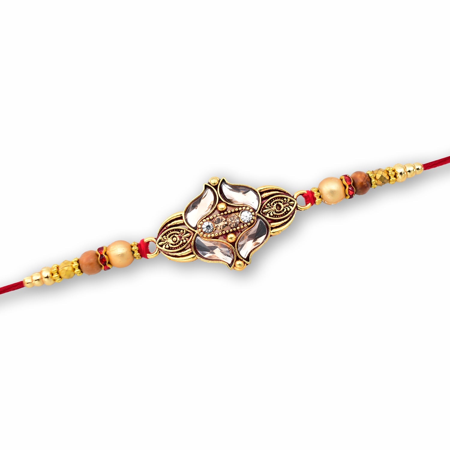 Elegant Floral Designer Rakhi With Gold-toned Beads  Red Thread Wukusy
