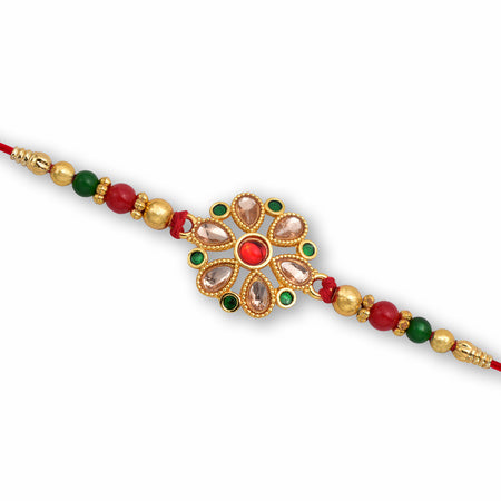 Floral Kundan Rakhi With Red-green Beads And Golden Finish Wukusy