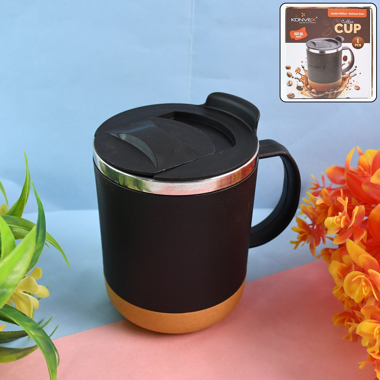 Insulated Coffee Mug With Spill-proof Lid (Approx 450ml  1 Pc) Wukusy