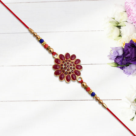 Red Floral Stone Rakhi With Bead Accents Wukusy