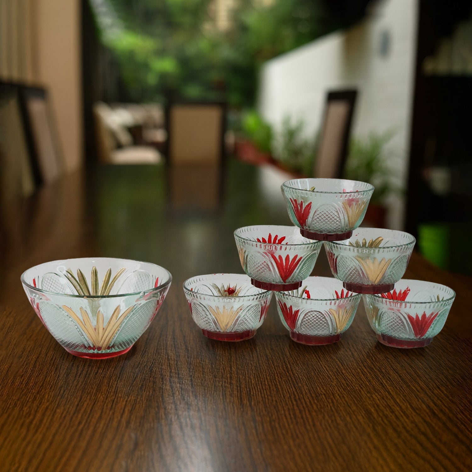 8234 Rose Glass Multipurpose Pudding  Dessert  Ice Cream Bowl Set For Home Use Home  Kitchen Serving Bowl For Sundae Sweets Snacks Fruit Pudding Nuts Or Dip Serving Bowls 6 Medium  1 Big Bowl (Set Of 7 Pc) Wukusy