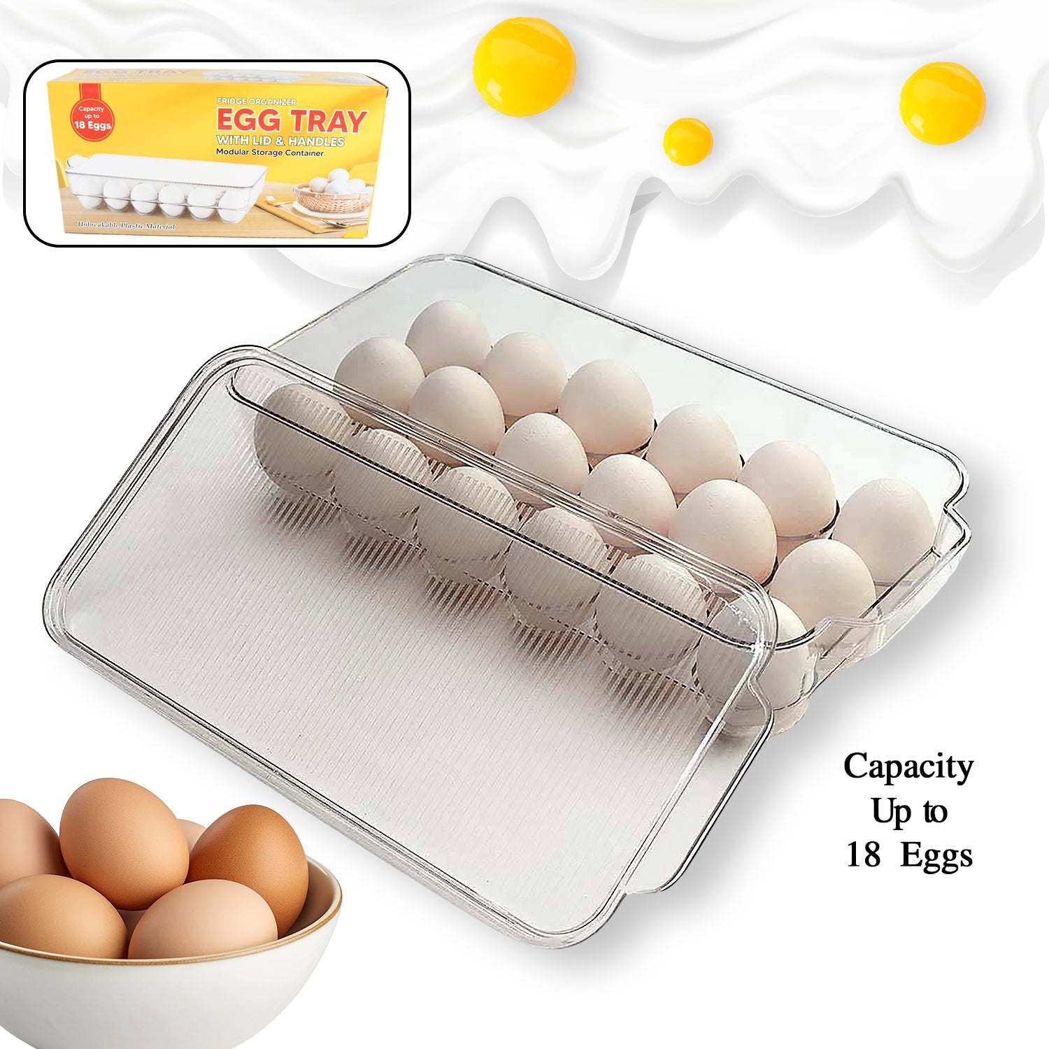 Plastic 18 Cavity Egg Storage Box Or Egg Trays For Refrigerator With Lid  Handles High Quality Rectangular Egg Tray Box For 18 Egg (1 Pc) Wukusy