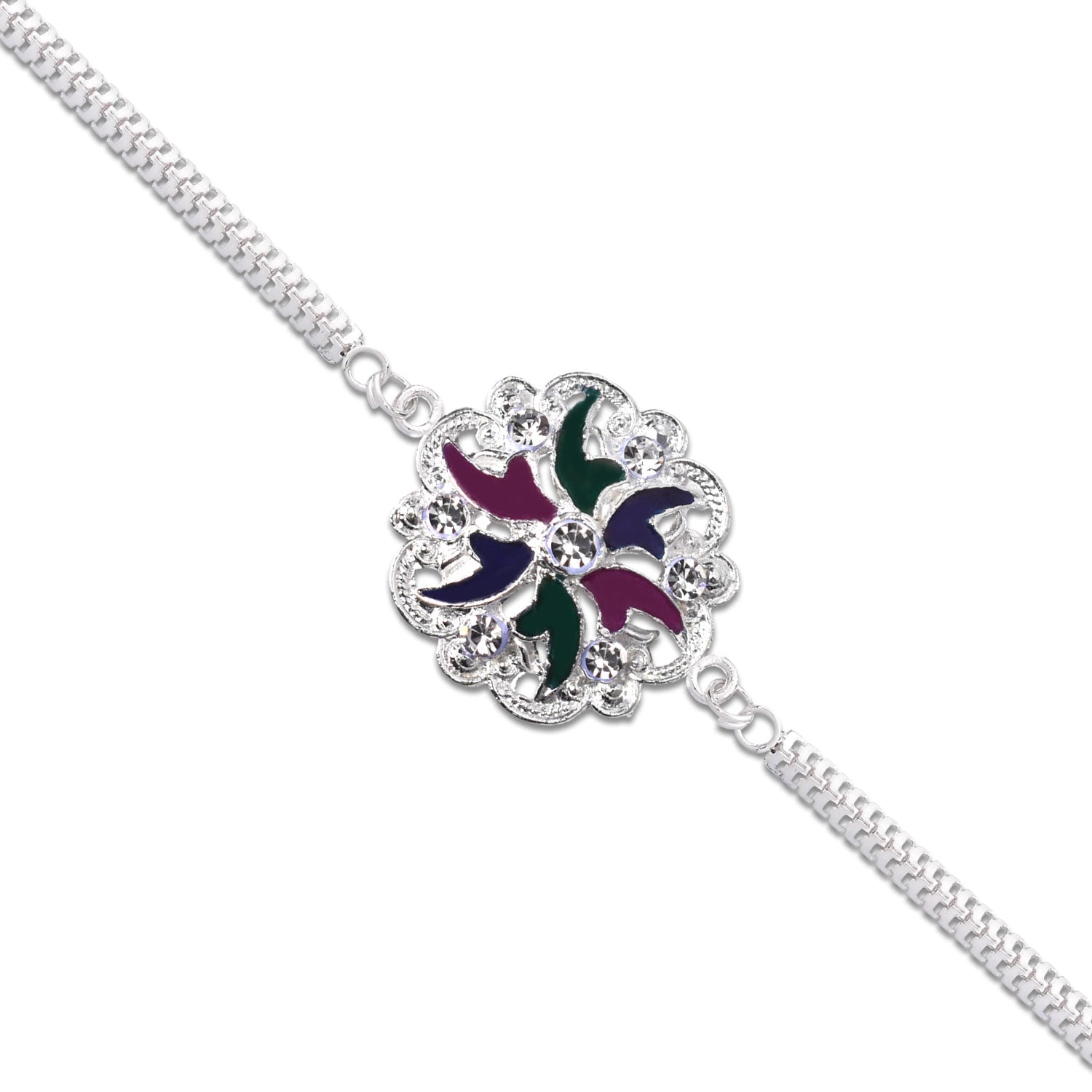 Silver Floral Rakhi With Multicolor Enamel  Chain Band Wukusy