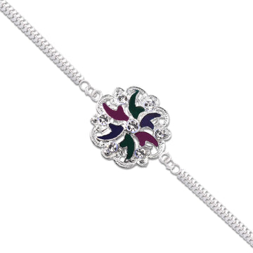 Silver Floral Rakhi With Multicolor Enamel  Chain Band Wukusy