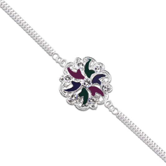 Silver Floral Rakhi With Multicolor Enamel  Chain Band