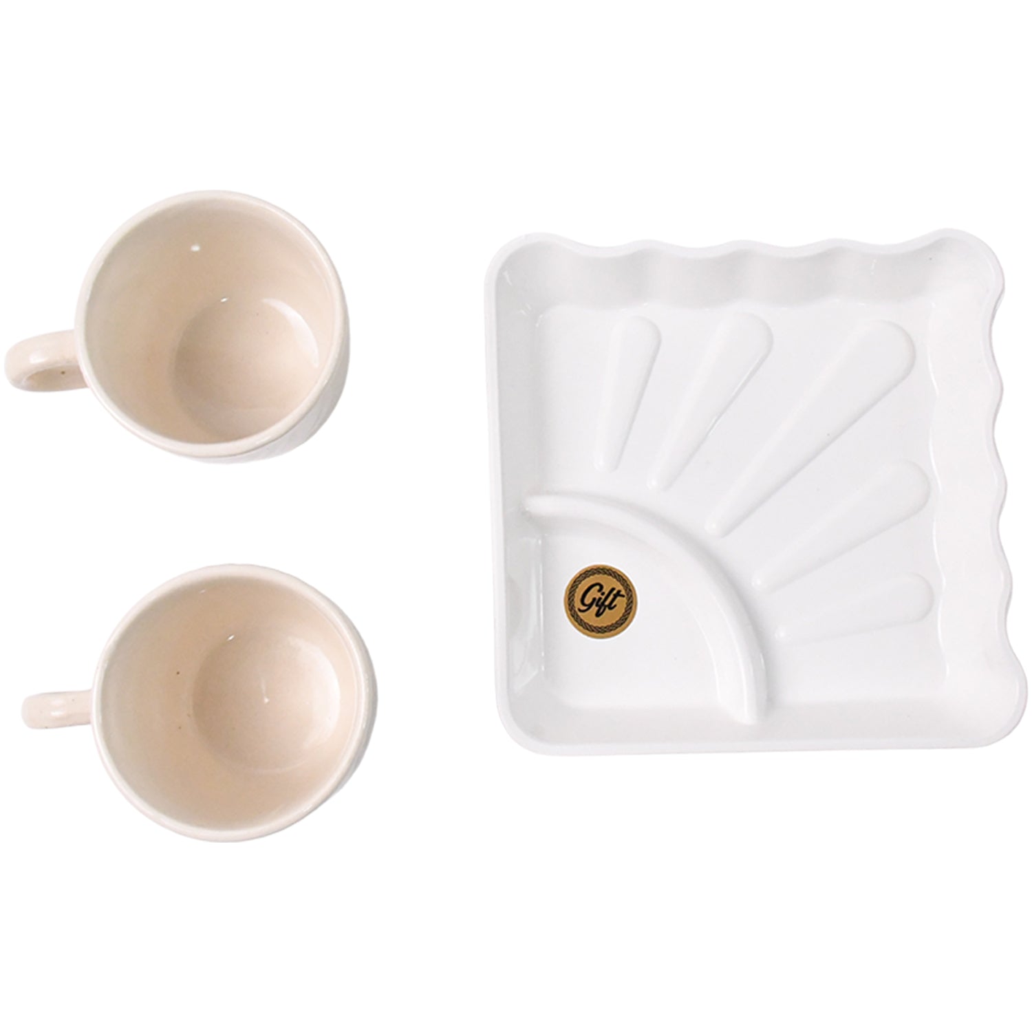 Cerntric Ceramic Tea Cup With Plastic Square Shape Serving Platter Milk Cup 3pc Set Wukusy