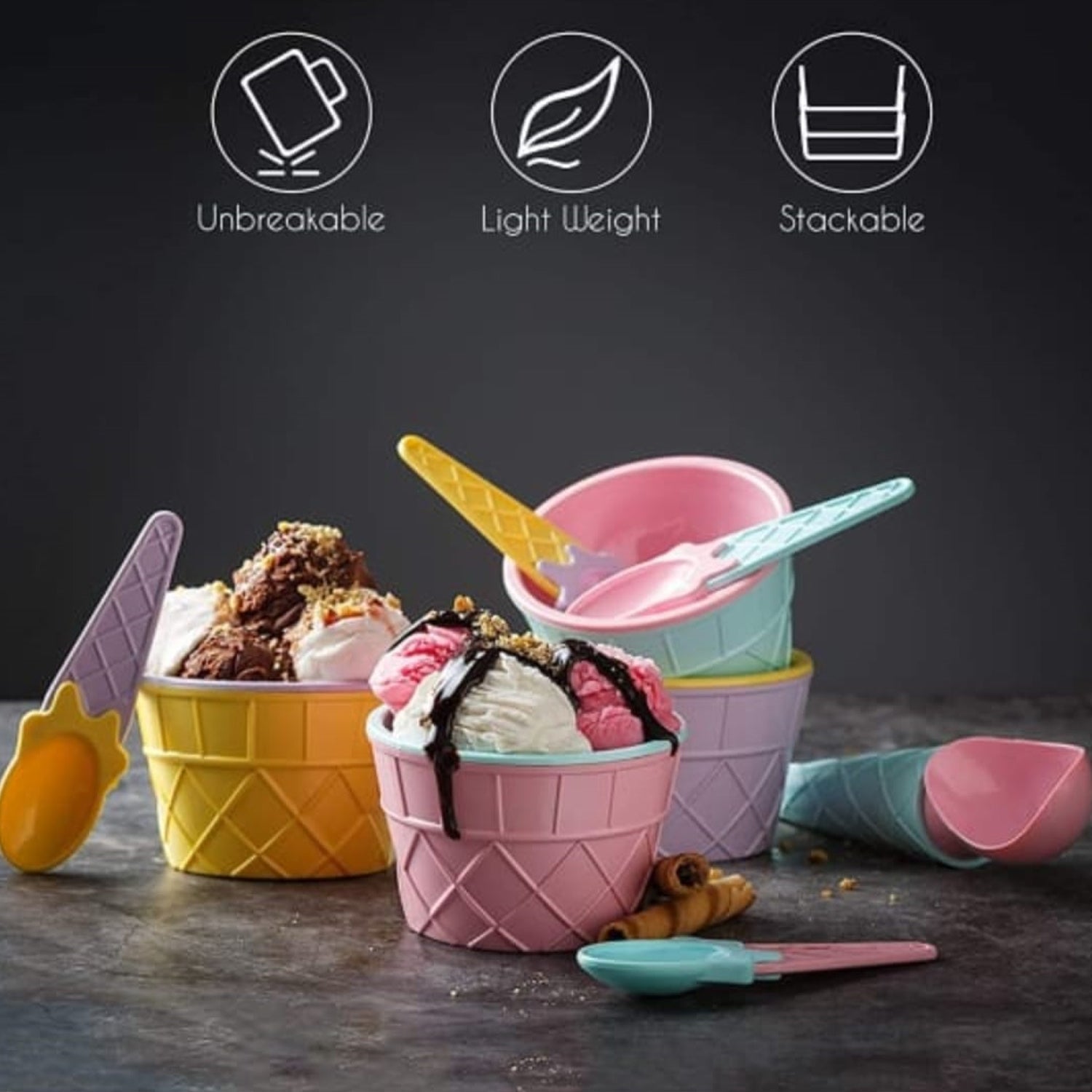 5322 Ice-cream Waffle Spoon Bowel Cup Set  Premium Ice Cream Set  Ice-cream Bowel With Spoon  6 Units Couple Bowl Set  Color Box Wukusy