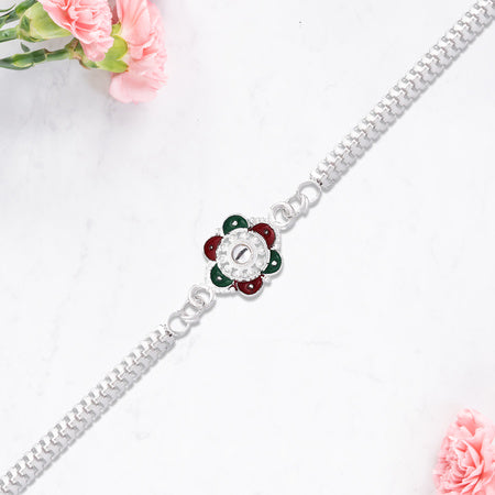 Designer Flower Rakhi With Mirror Stone Center And Dual-link Metal Chain Wukusy