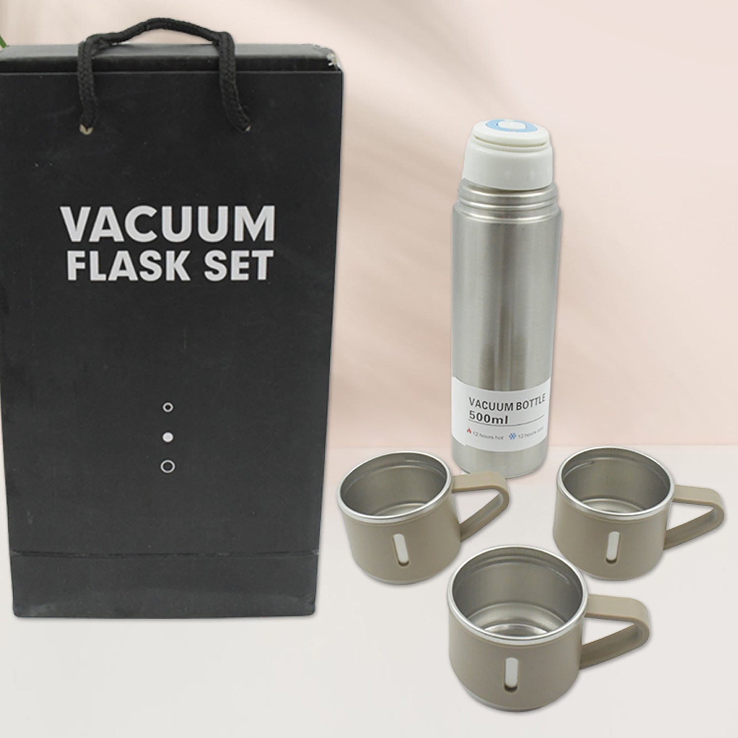 2834 Stainless Steel Vacuum Flask Set With 3 Steel Cups Combo For Coffee Hot Drink And Cold Water Flask Ideal Gifting Travel Friendly Latest Flask Bottle. (500ml) Wukusy