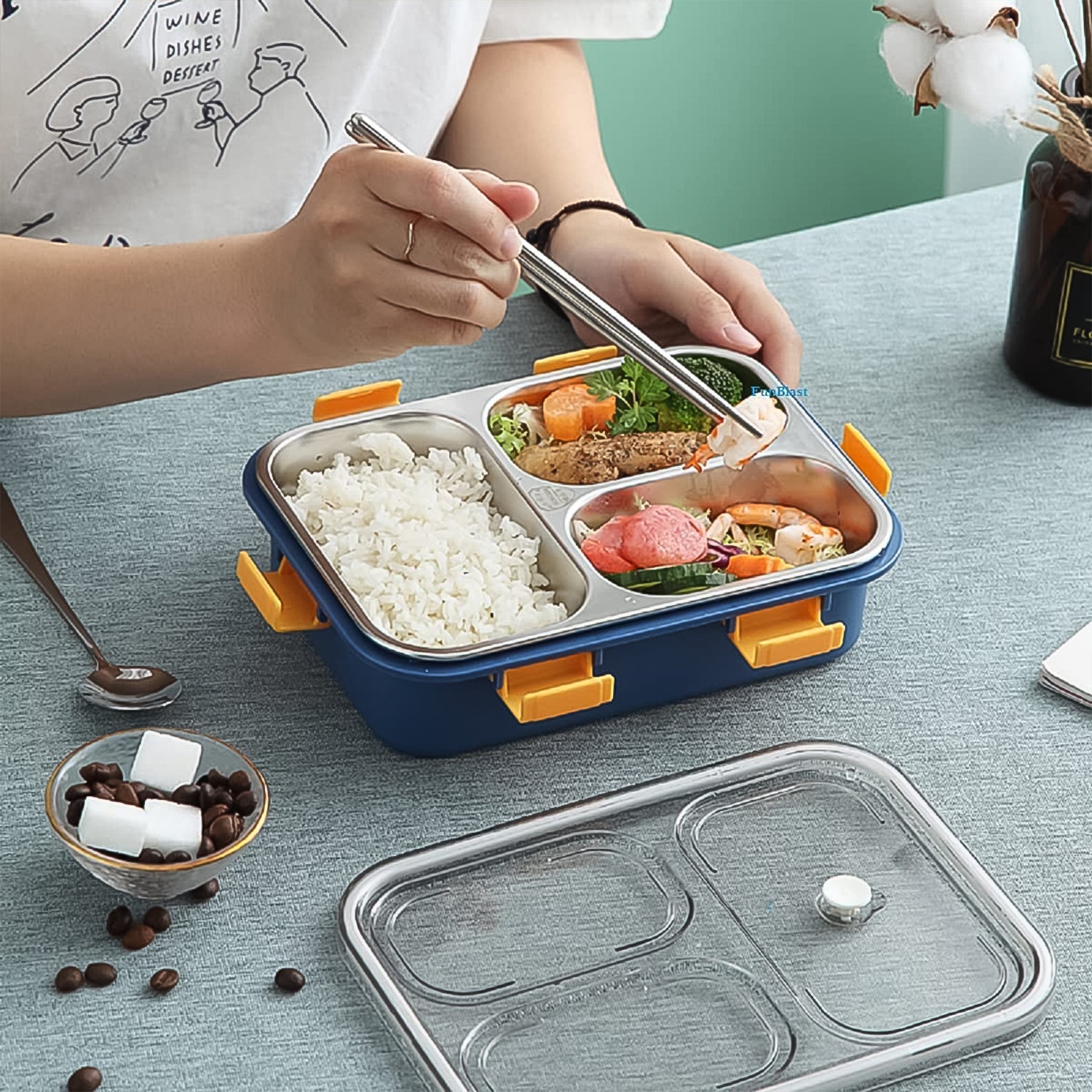 3 Compartment Transparent Stainless Steel Lunch Box With A Spoon And A Pair Of Chopsticks (1 Set) Wukusy
