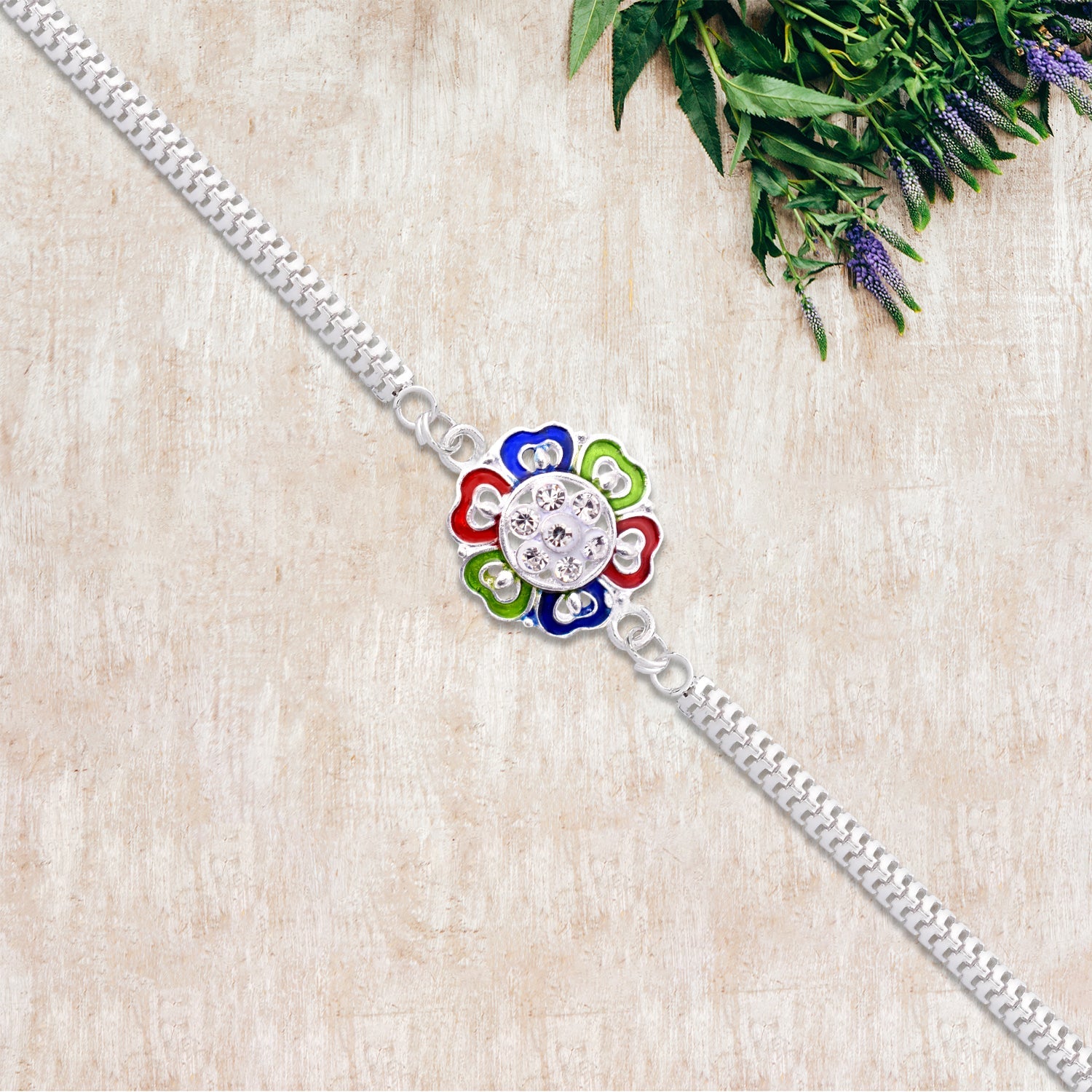 Silver Floral Rakhi With Multicolor Enamel And Stones Wukusy