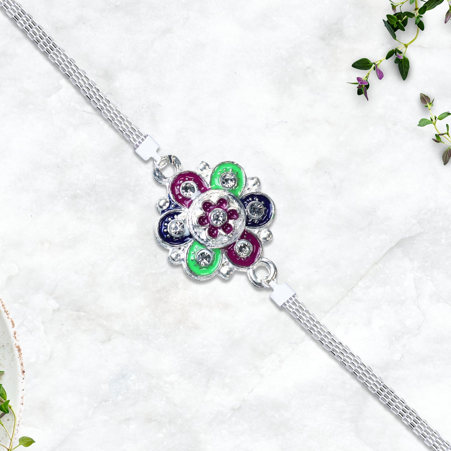Silver Flower Motif Rakhi Wukusy