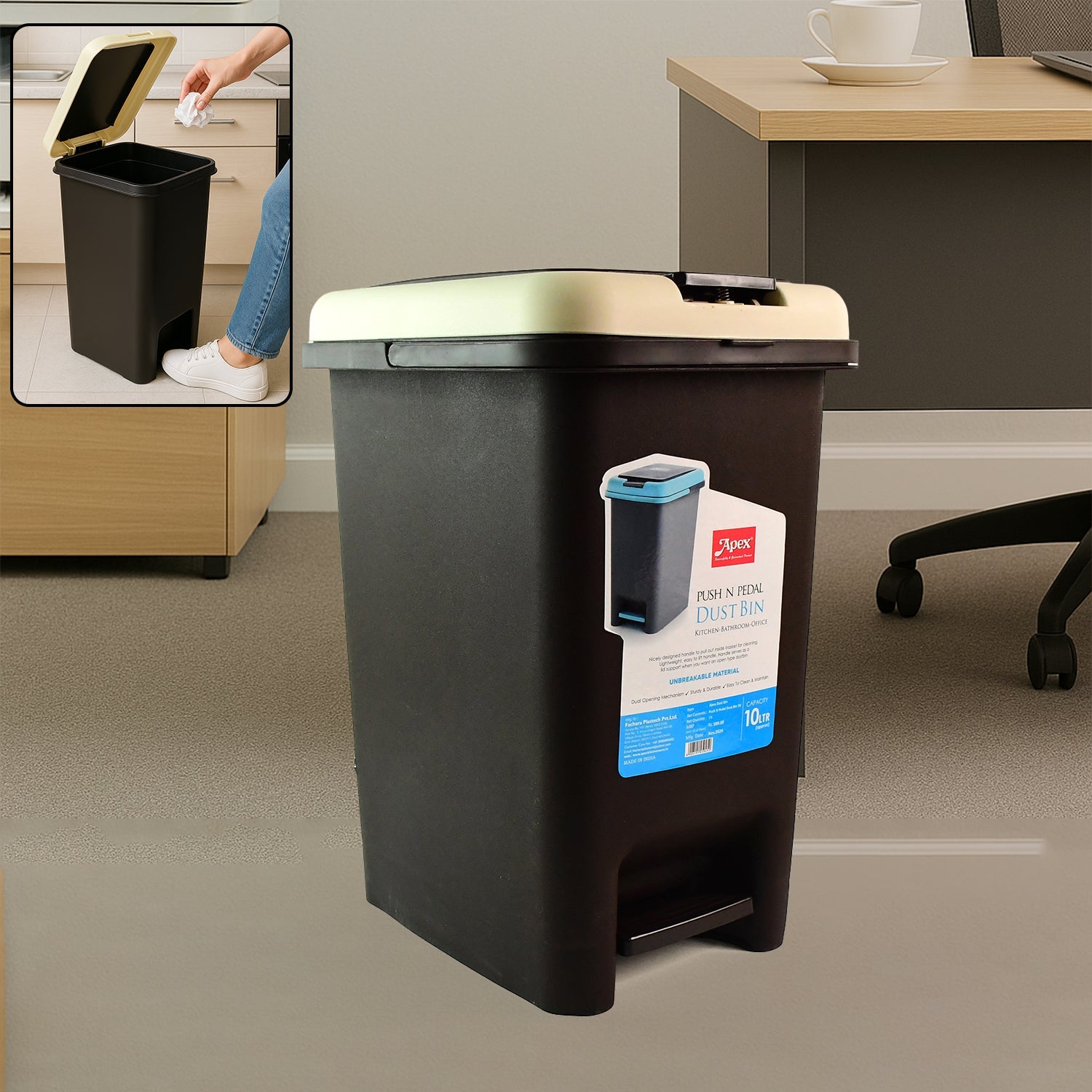 Apex Push N Pedal Plastic Dustbin 10l Capacity (1 Pc) Wukusy