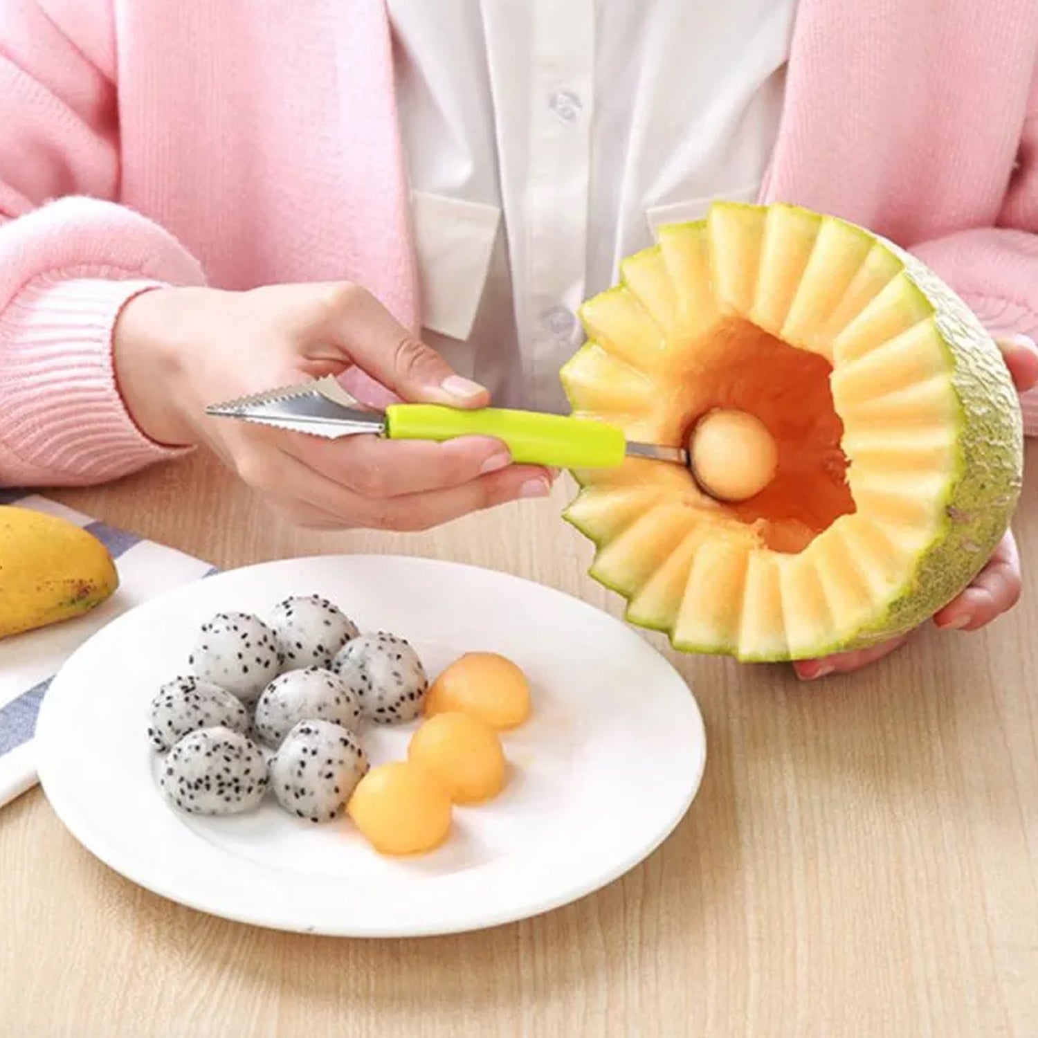 7031 Multifunctional Stainless Steel Fruit Vegetable Pattern Carving Knife Peeler Corer Spherical Dig Ball Scoop Garnishing Dig Ball Spoon Kit. Wukusy