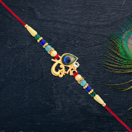 Divine Govind Rakhi With Peacock Feather Design And Multicolor Beads Wukusy