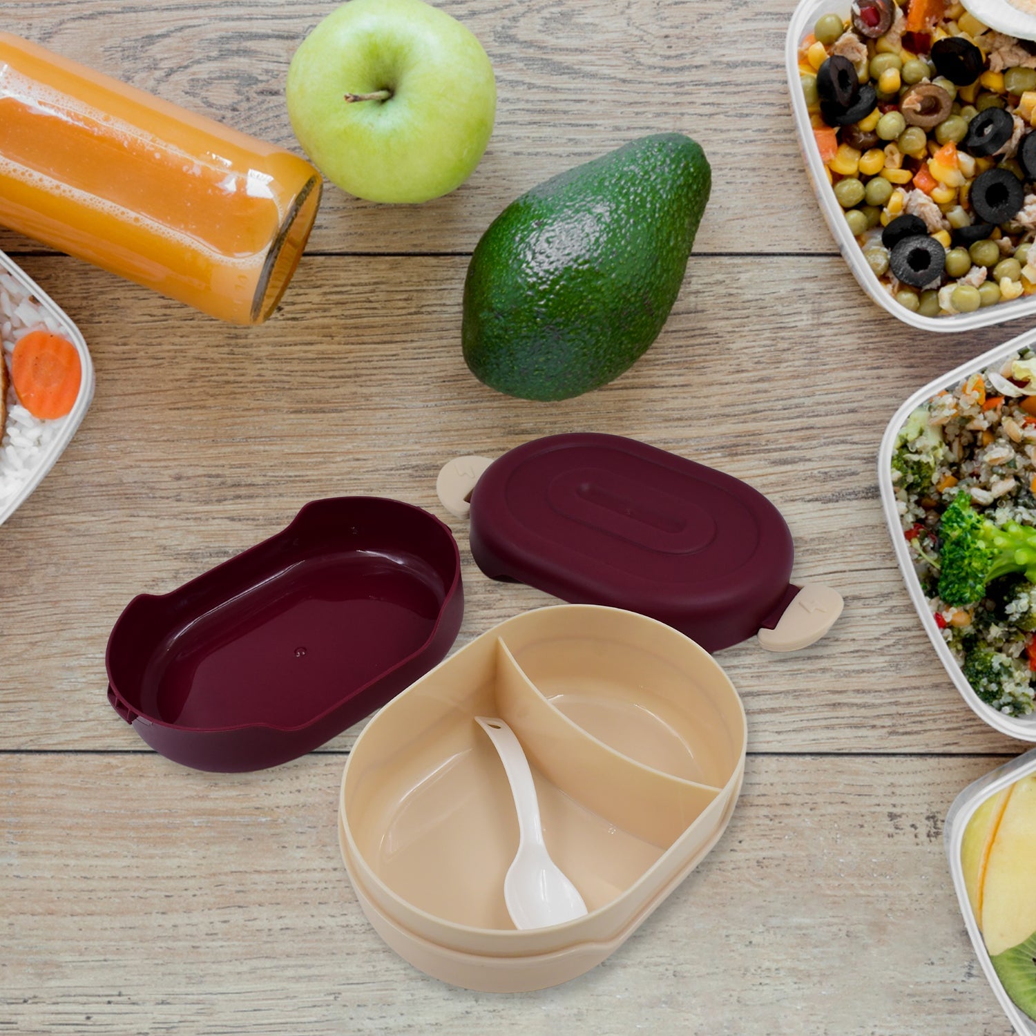 Airtight Food Grade Tiffin Box With 2 In 1 Spoon And 2 Compartment Wukusy