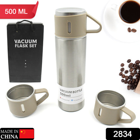 2834 Stainless Steel Vacuum Flask Set With 3 Steel Cups Combo For Coffee Hot Drink And Cold Water Flask Ideal Gifting Travel Friendly Latest Flask Bottle. (500ml) Wukusy