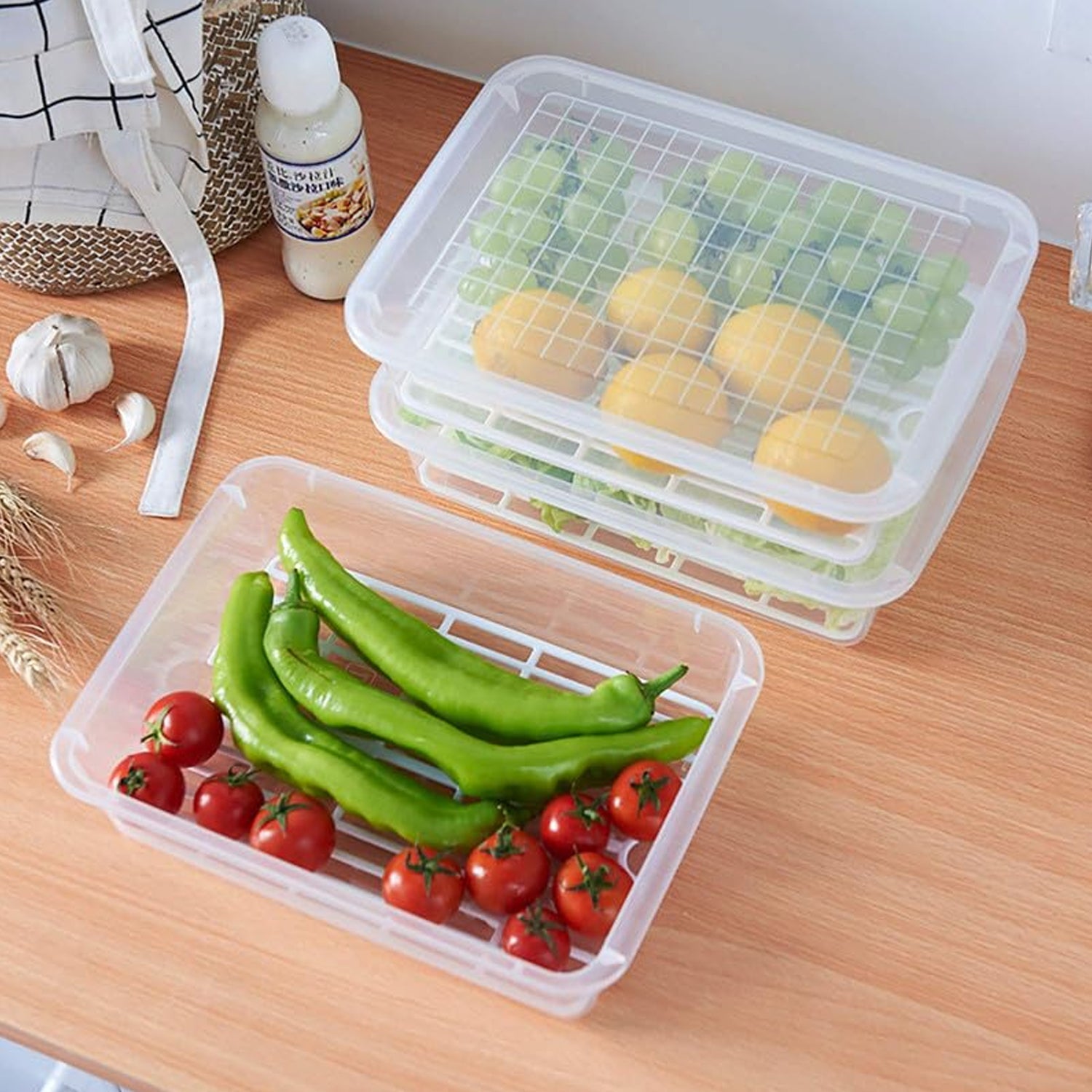 Plastic Food Storage Containers With Removable Drain Tray And Lid (3 Pcs Set) Wukusy